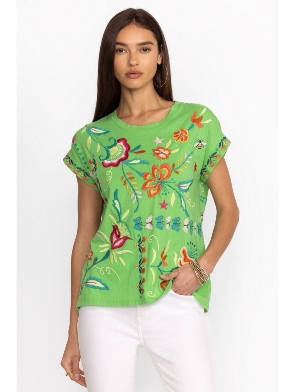 Johnny Was Averi Relaxed Tee Womens Size XL Heavily Embroidered Boho Artsy Green